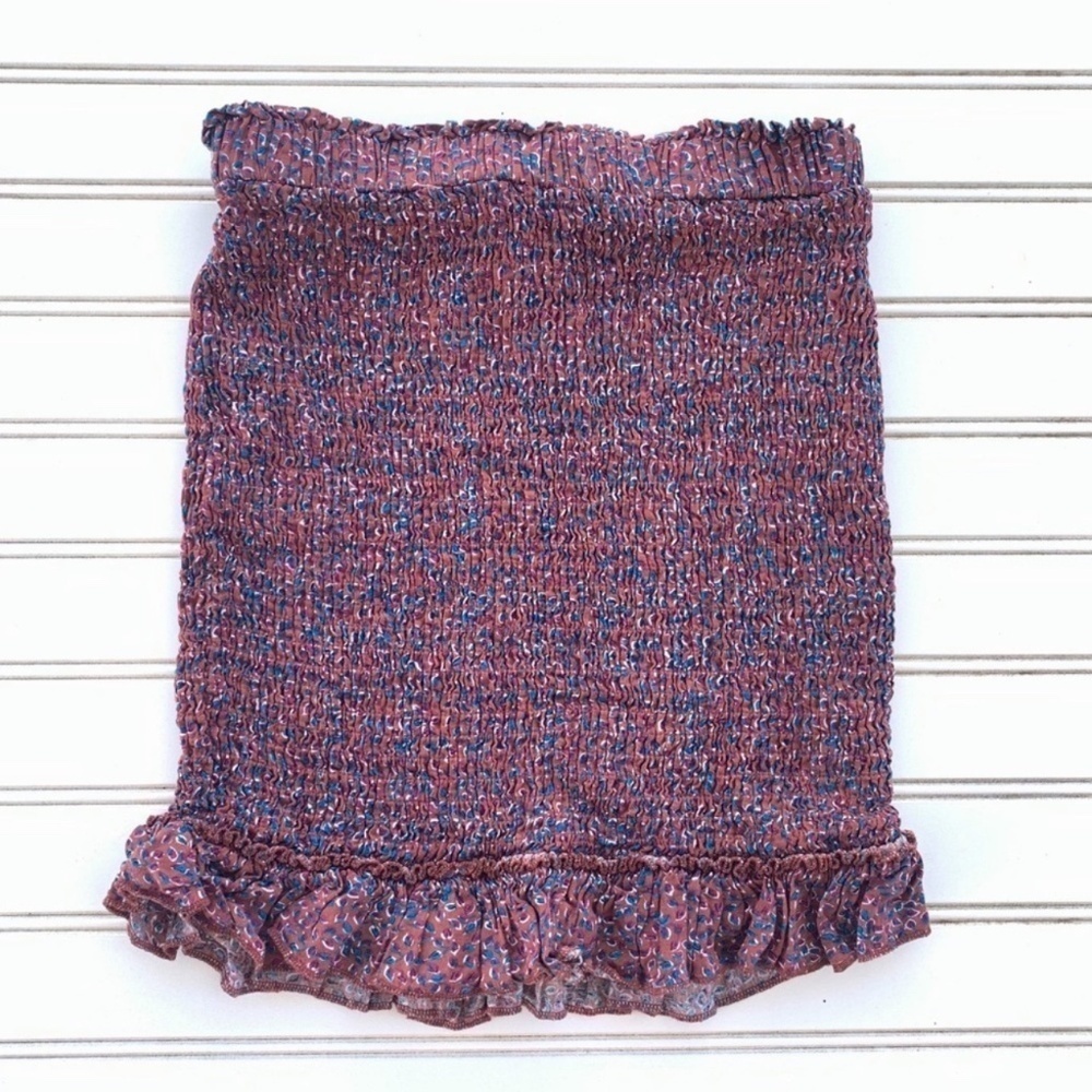 Blush J Smocked Mini Skirt Small Floral Ruffle Hem Bodycon Boho Mauve Blue